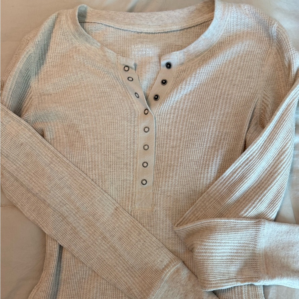 Aerie Beige Ribbed Henley Sweater